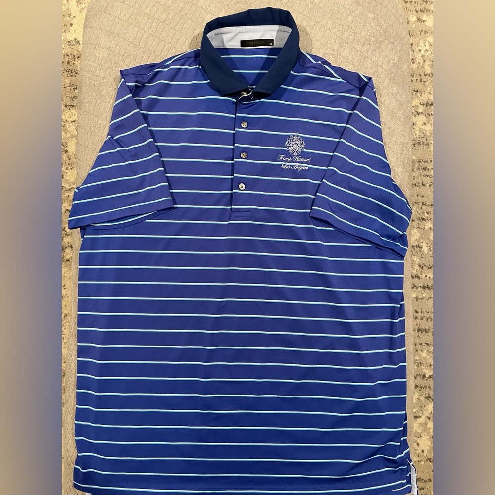 Greyson Blue and teal Striped Polo Shirt XL Trump National LA embroidered